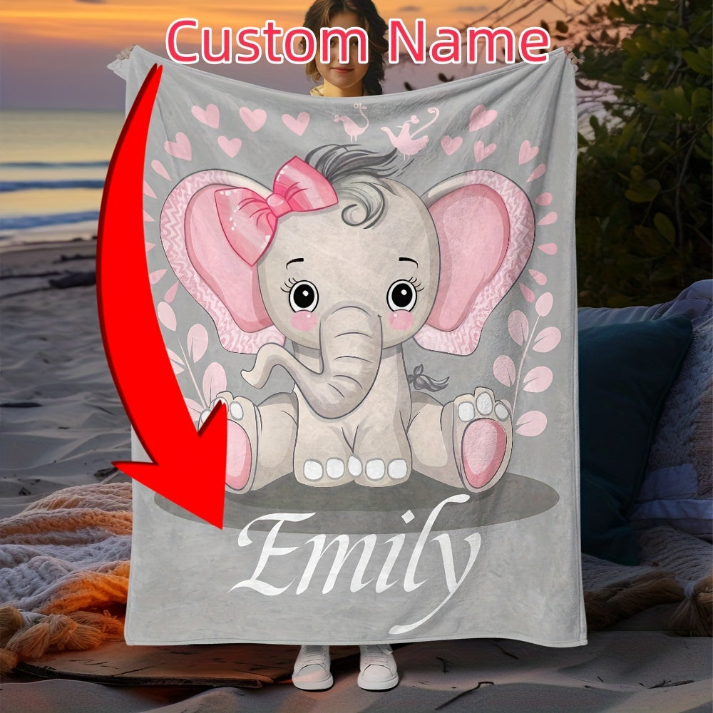 Personalized Elephant Flannel Throw Blanket with Custom Name Cozy All-Season Bed Couch Travel