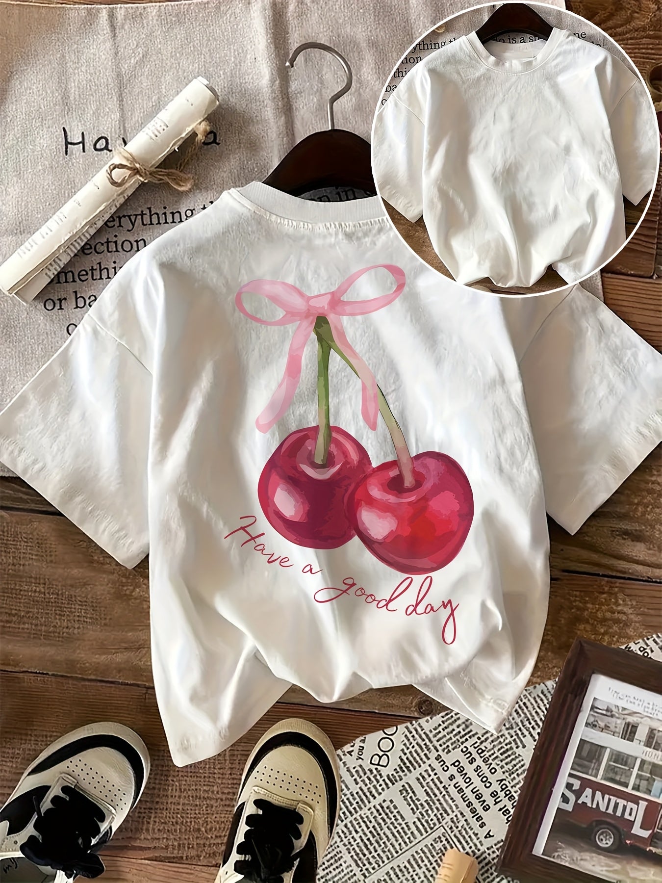 Women's Casual Cherry Graphic T-Shirt Crew Neck Short Sleeve All-Season Cotton