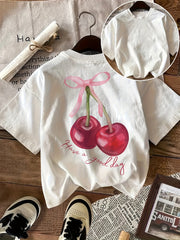 Women's Casual Cherry Graphic T-Shirt Crew Neck Short Sleeve All-Season Cotton