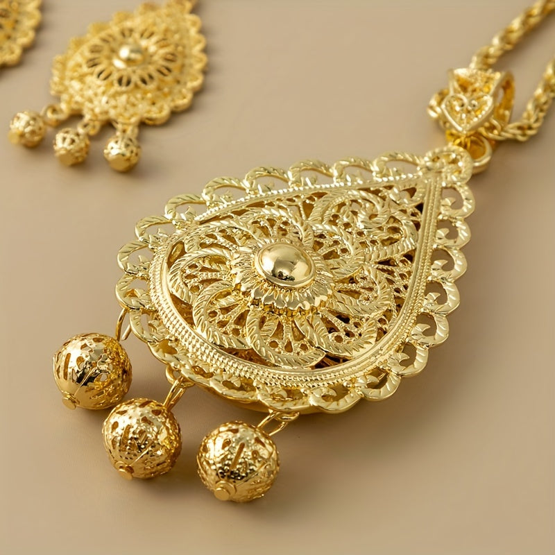 Vintage Gold Plated Jewelry Set with Double Layer Pendant and Earrings for Weddings and Gifts