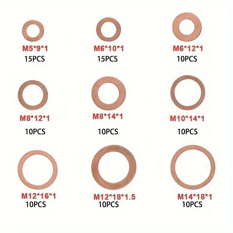 100pcs Copper Washer Gasket Nut and Bolt Set Flat Ring Seal Assortment Kit