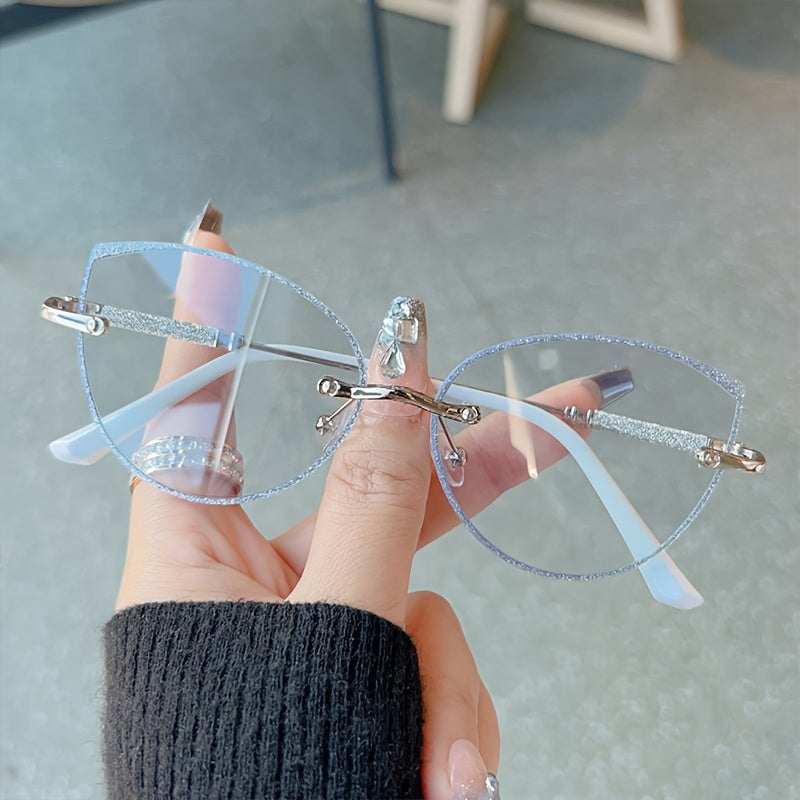 Women Cat Eye Photochromic Rimless Glasses with Blue Light Filter and Sparkling Sequins