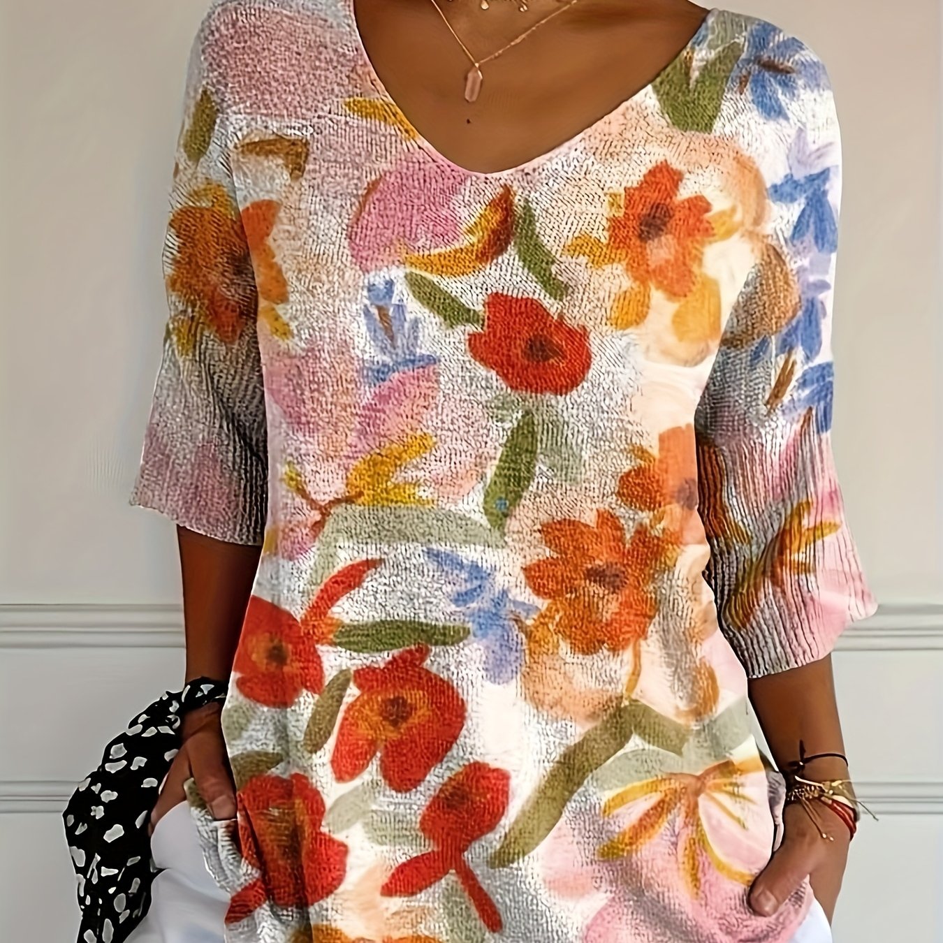 Suéter de punto ligero con escote en V y estampado floral para mujer, ideal para primavera y otoño