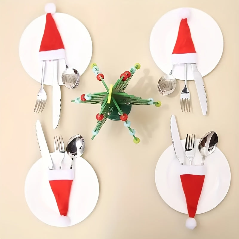Set of 10 Red Mini Christmas Hat Cutlery Holders for Holiday Table Decor
