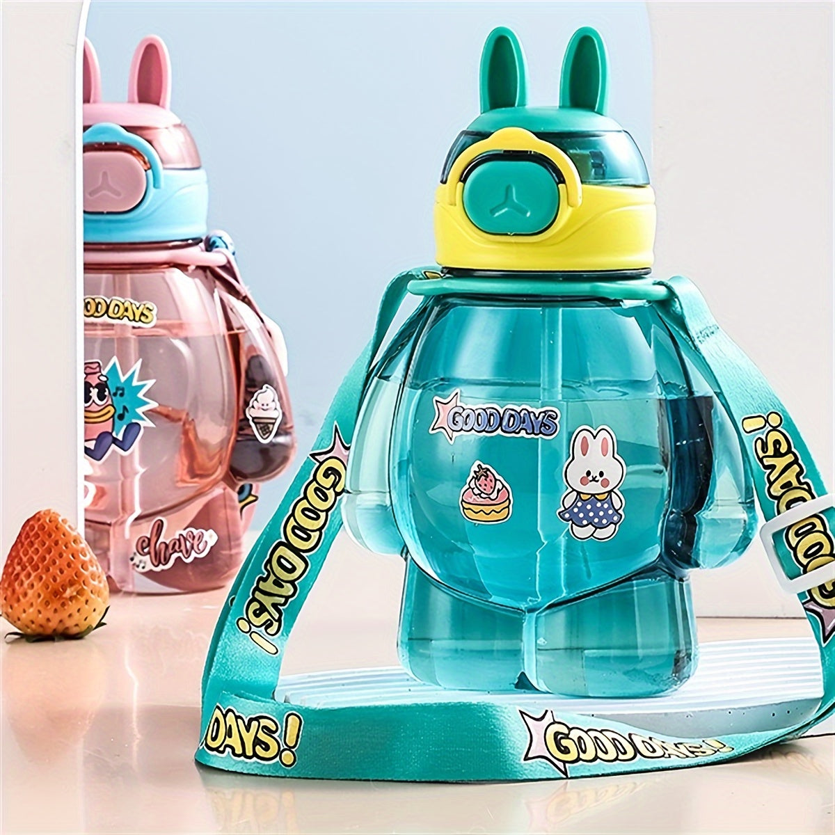 650 мл пластиковая многоразовая бутылка для воды с крышкой-кнопкой, мультяшный аниме-ремень, портативная, милая