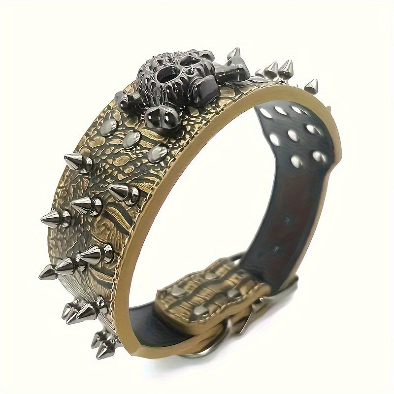 Leather Spiked Dog Collar with Bullet Rivets and Skull Design for Medium and Large Dogs