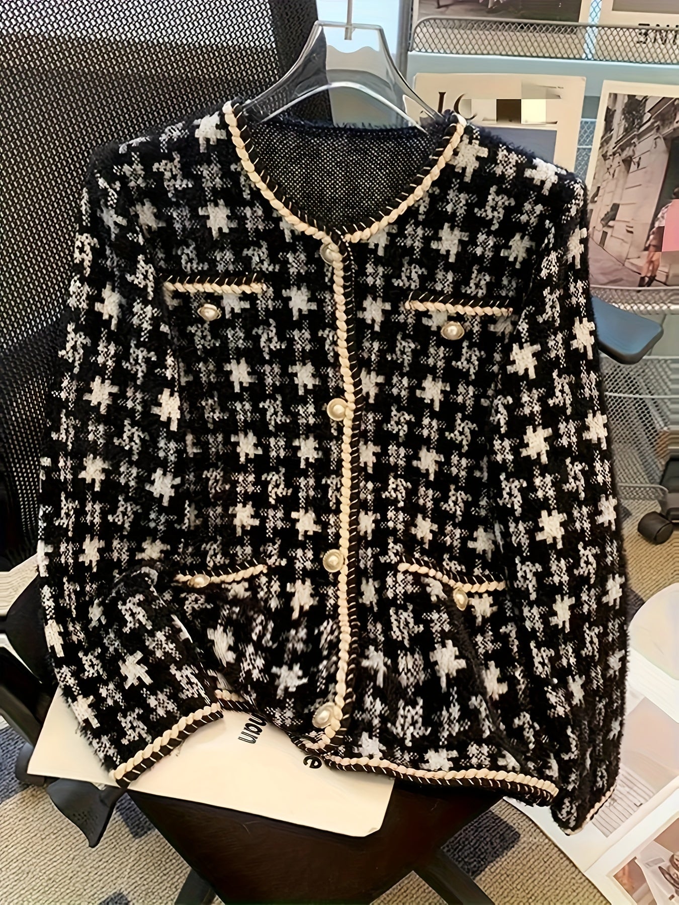 Women's Houndstooth Knit Cardigan Long Sleeve Open Front Fall Spring Casual