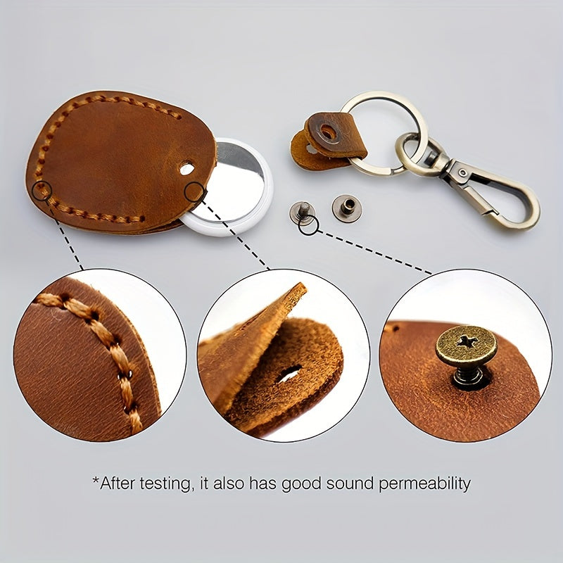 Retro Cowhide AirTag Case - Leather Protective Cover with Keychain