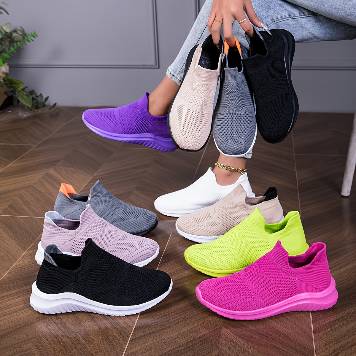 Ayollar uchun nafas oladigan slip-on sport poyabzali neon ranglar yengil yurish poyabzali