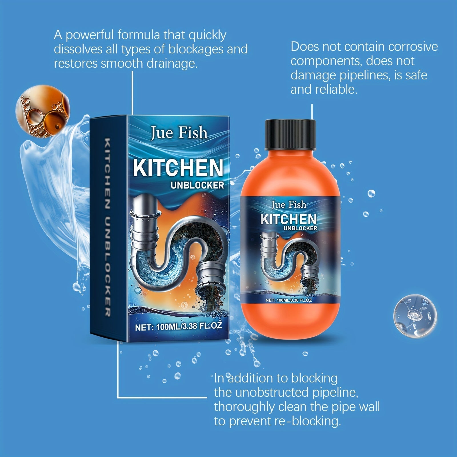 Limpiador de desagües para cocina y baño, desatascador de acción rápida, inodoro, seguro para metal