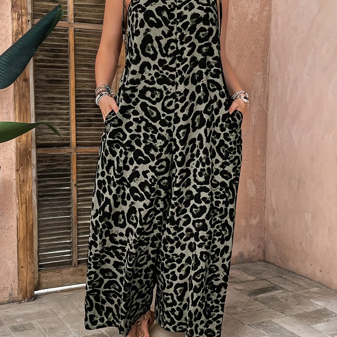 Plus-Size Leopard Print Sleeveless Jumpsuit with Pockets for Spring Summer Fall