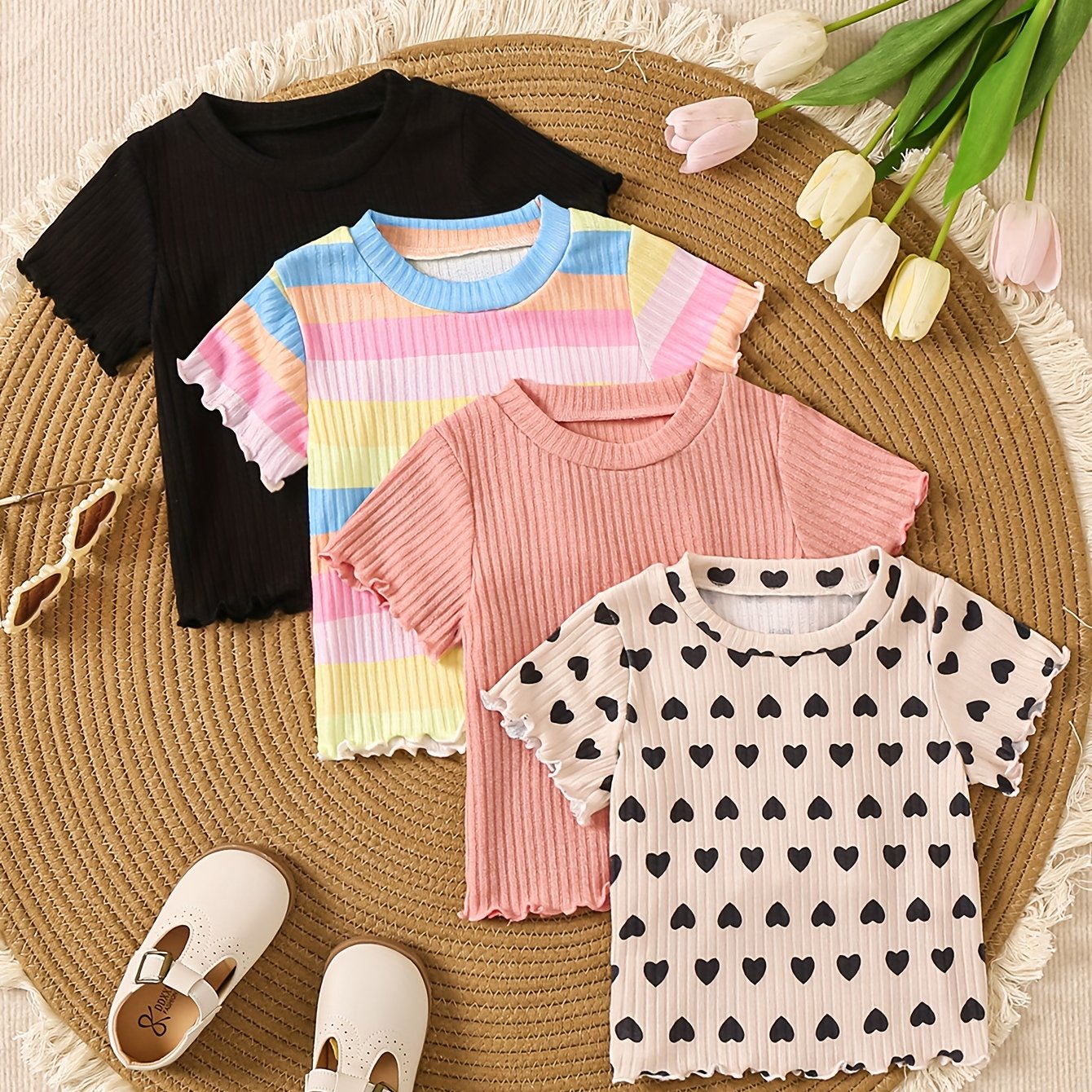 Детские летние футболки с коротким рукавом из рибаны однотонные, упаковка из 4