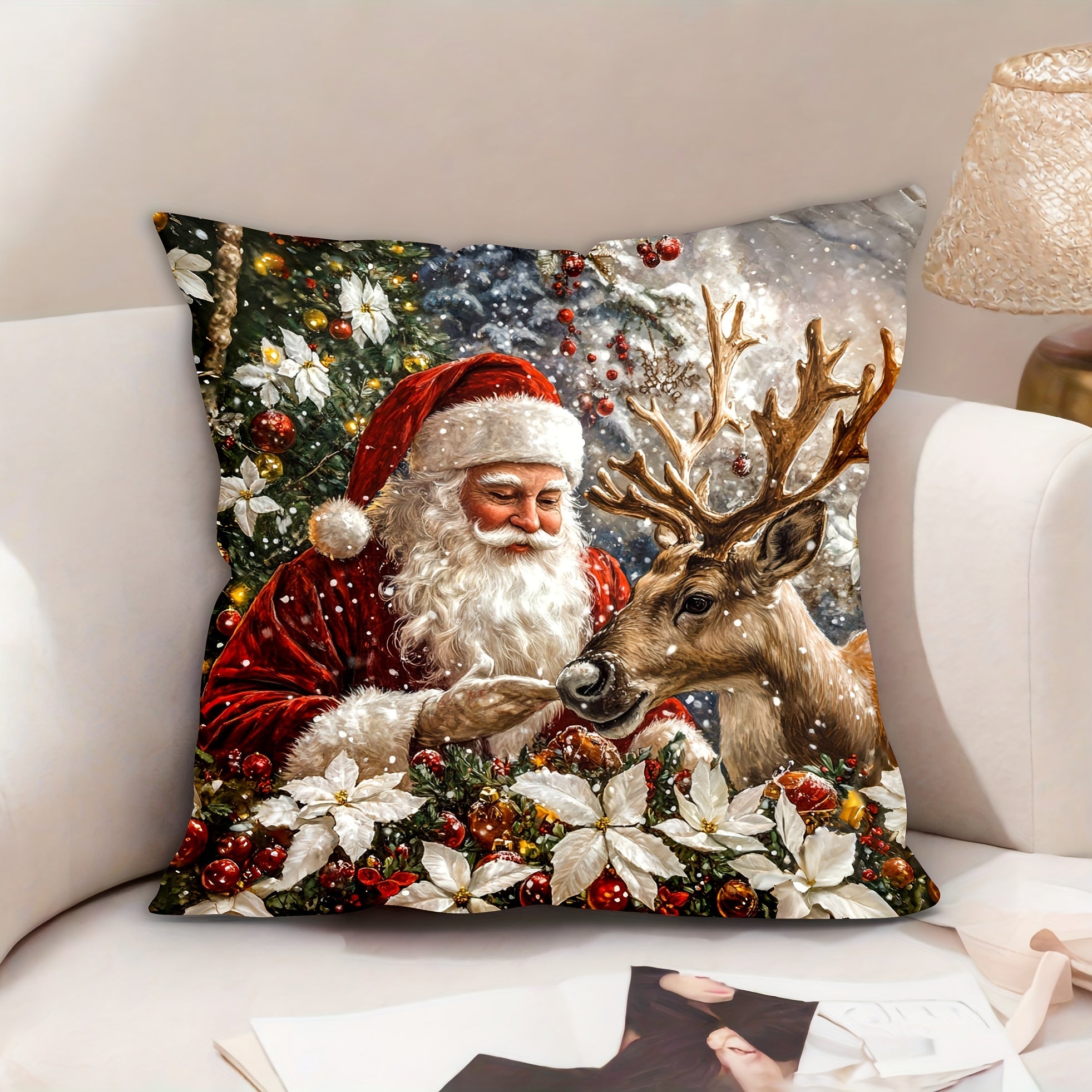 Rojdestvo Santa Rəindeer Velur Yostiq qopqog'i 44.96x44.96 sm Zipper Mashina yuvish mumkin