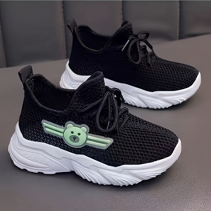 Kids' Pink Knit Sneakers with Cartoon Bear Design Non-Slip Rubber Sole Lace-Up