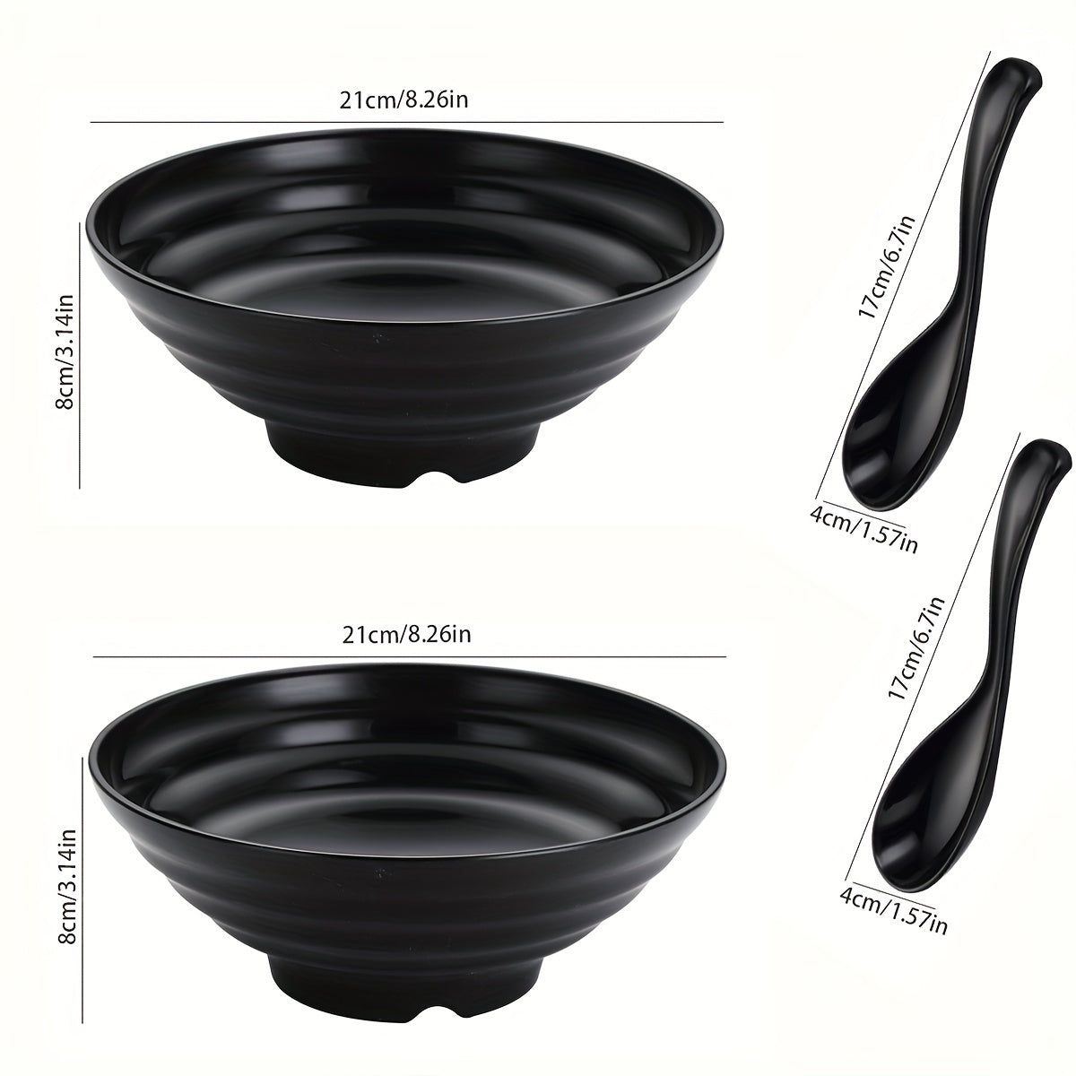 Set of 2 Black Polypropylene Ramen Bowls Microwave Safe Dishwasher Safe with Spoons