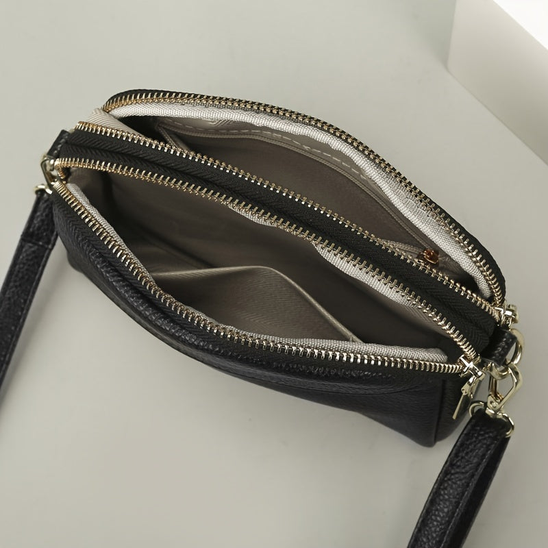 Women's Genuine Leather Crossbody Bag Solid Color Zipper Closure Adjustable Strap Polyester Lining Black White