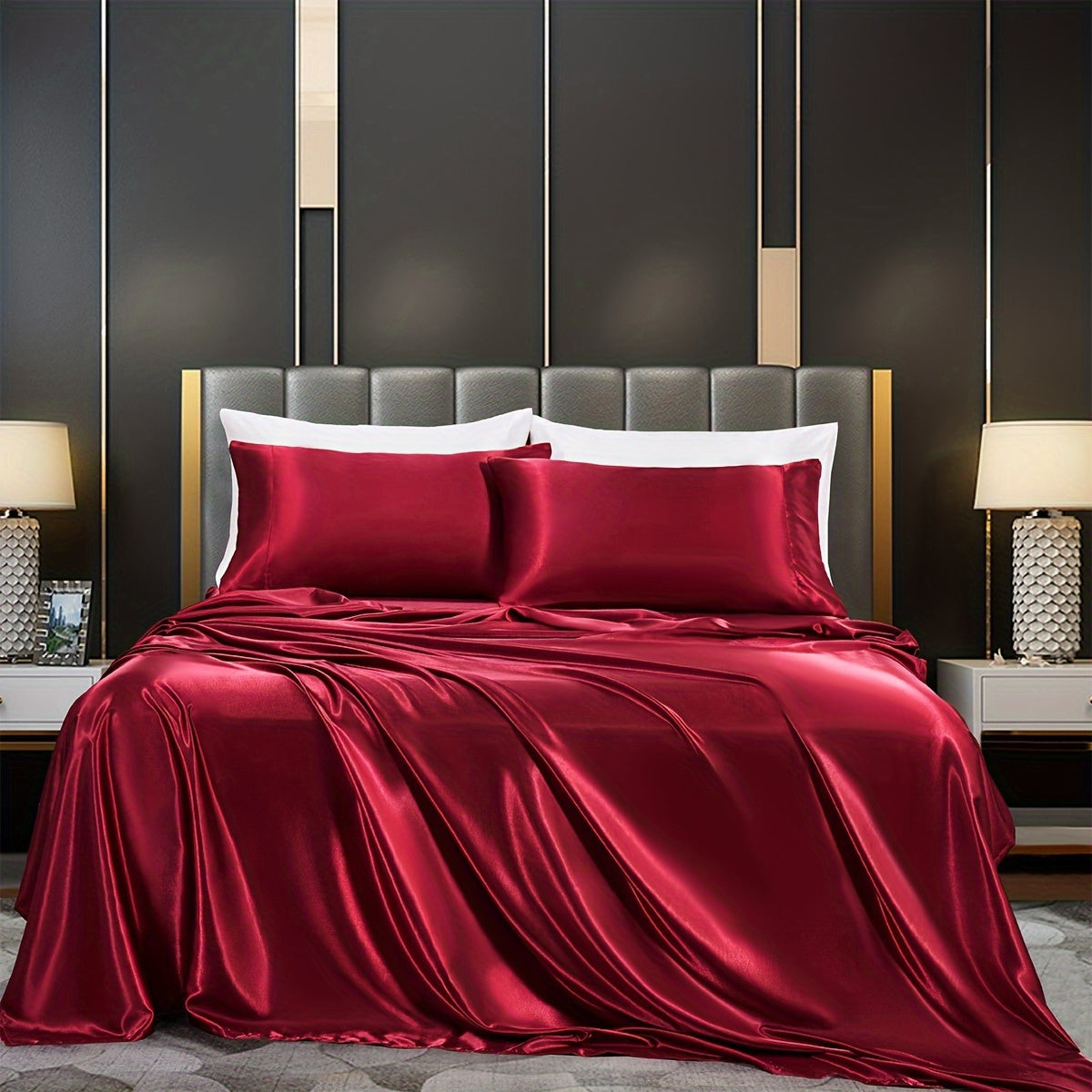 Satin Bed Sheets Set Fitted and Flat Sheets with Pillowcases for Bedroom
