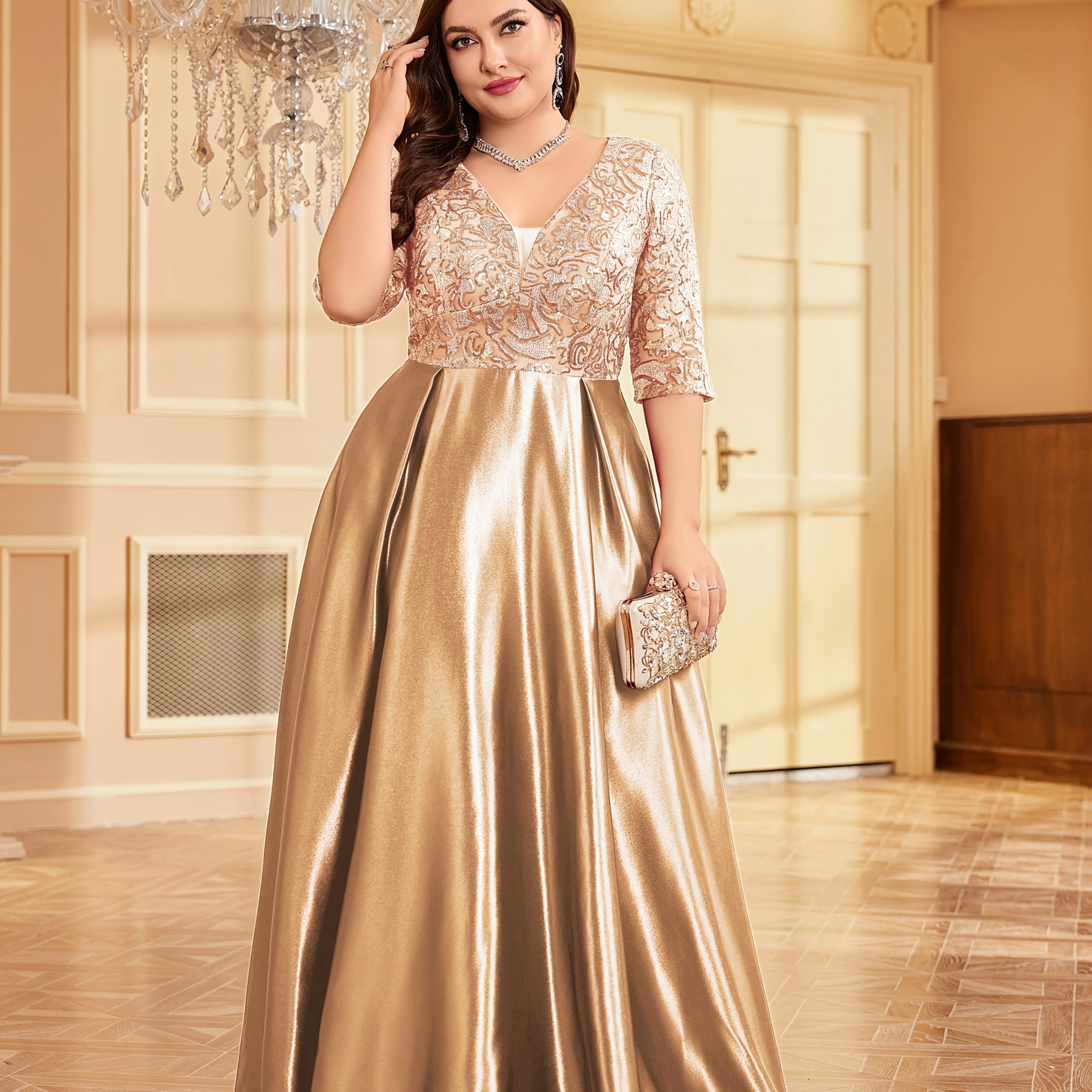 Women Long Dress Solid Color Mid-Sleeve Sequin Party Evening Gown