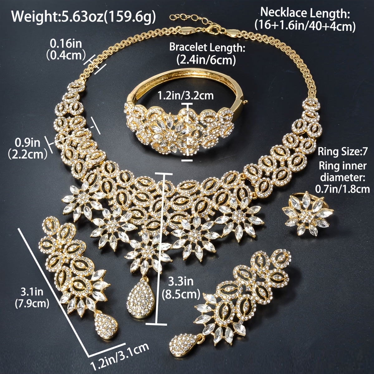 Elegant Jewelry Set with Necklace Bracelet Ring and Earrings for Weddings