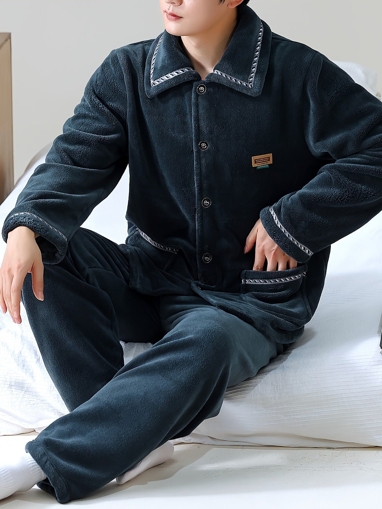Men's Casual Striped Flannel Pajama Set Long Sleeve Knit Polyester Loose Fit for Fall Winter