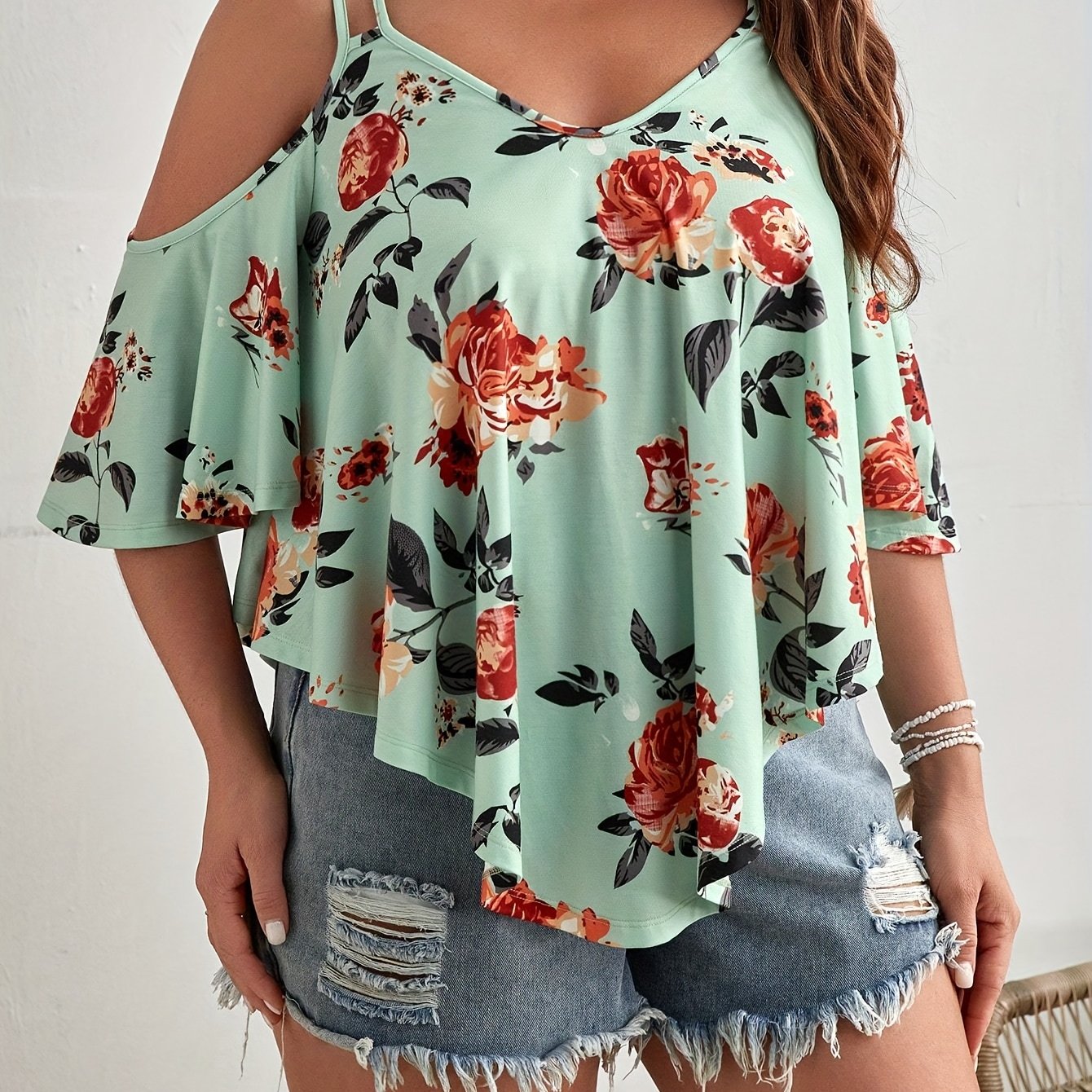 Women's Plus Size Floral Off Shoulder Ruffle Top Casual Sleeveless Summer Light Green Orange Black