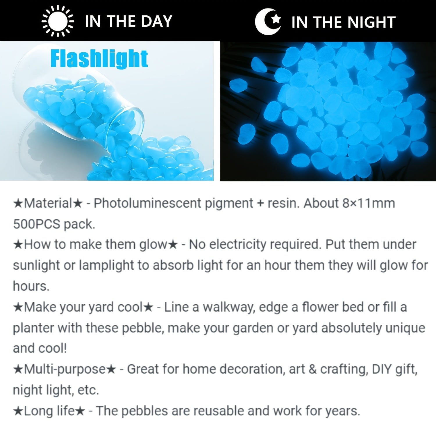 Glow in the Dark Plastic Garden Pebbles for Yard Walkways Aquarium Decor 0.76cm-0.99cm