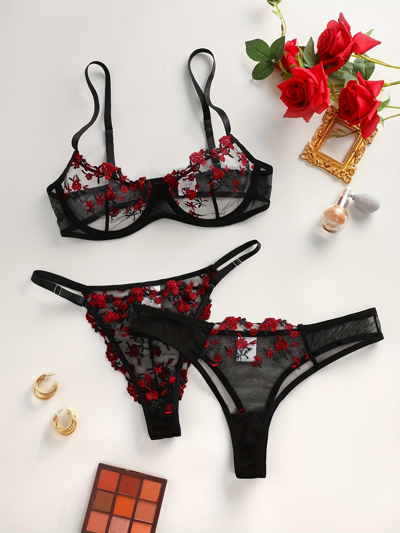 Women's Embroidered Lingerie Set Bra and Two Panties Floral Design Sexy Comfortable