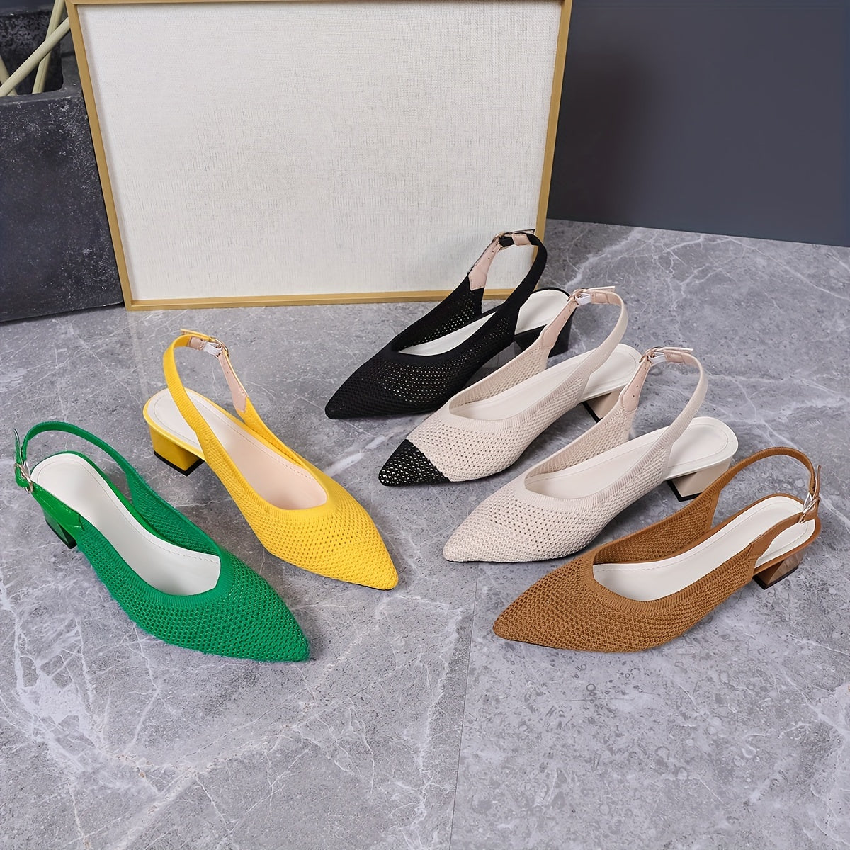 Women's Breathable Fabric Pumps Solid Color Pointed Toe Block Heel Shoes