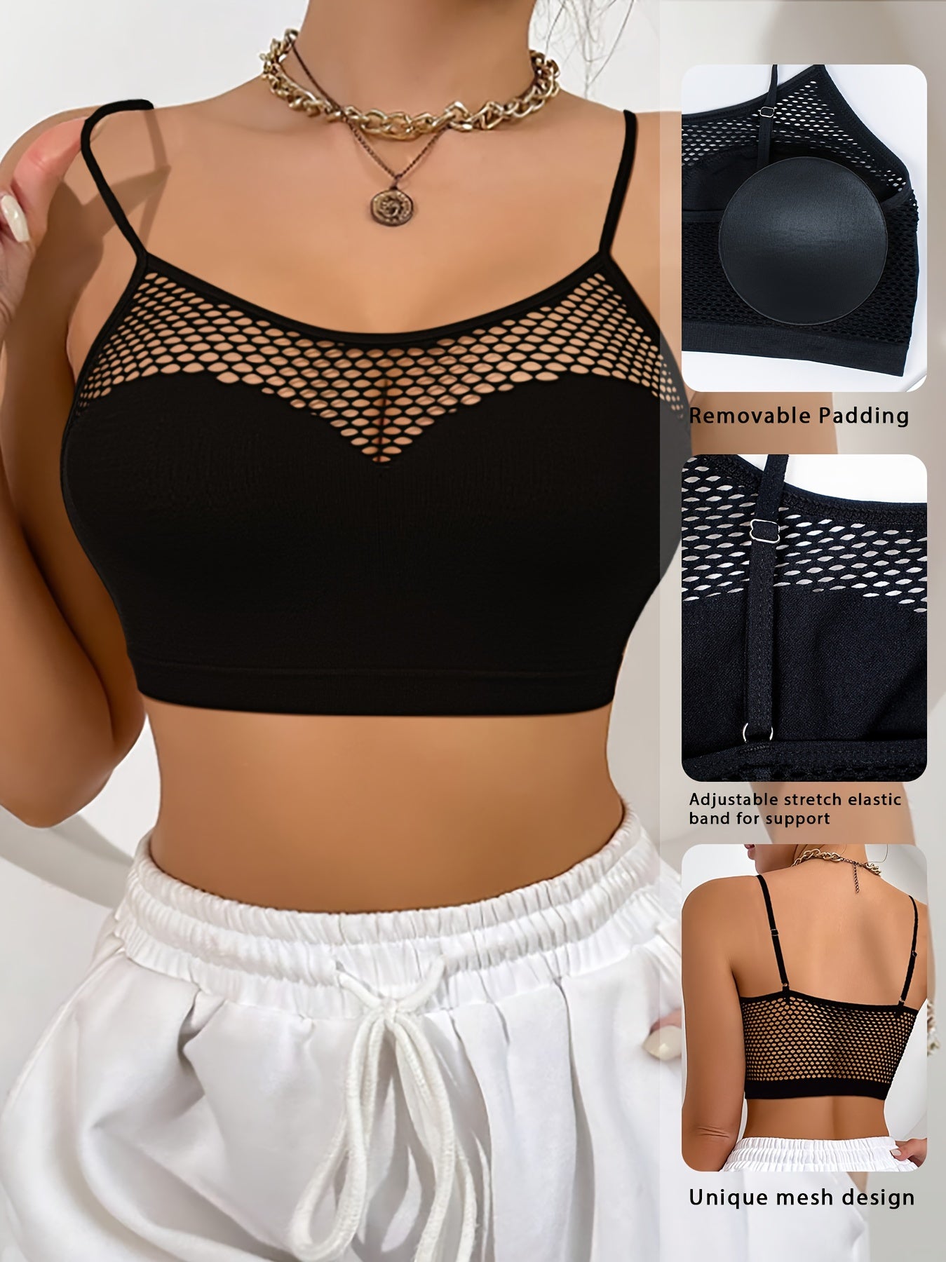 Бра с сетчатым топом однотонного цвета и съемными подушечками для женского нижнего белья