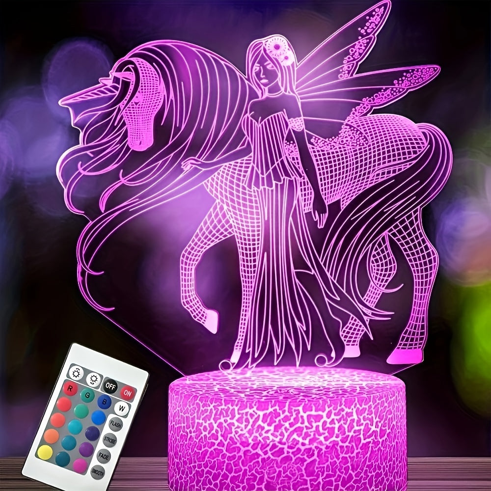 LED Night Light for Girls with 3D Pegasus and Fairy Design, 16 Color Options, USB Powered, Touch and Remote Control