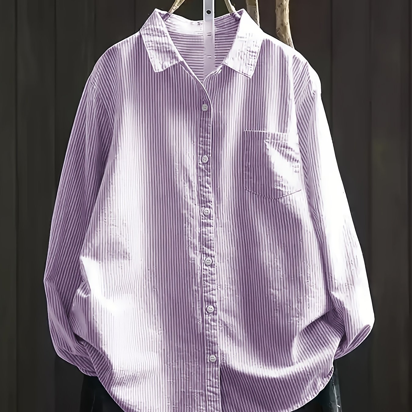 Plus Size Women's Striped Loose Fit Shirt Long Sleeve Button-Up Green White Vertical