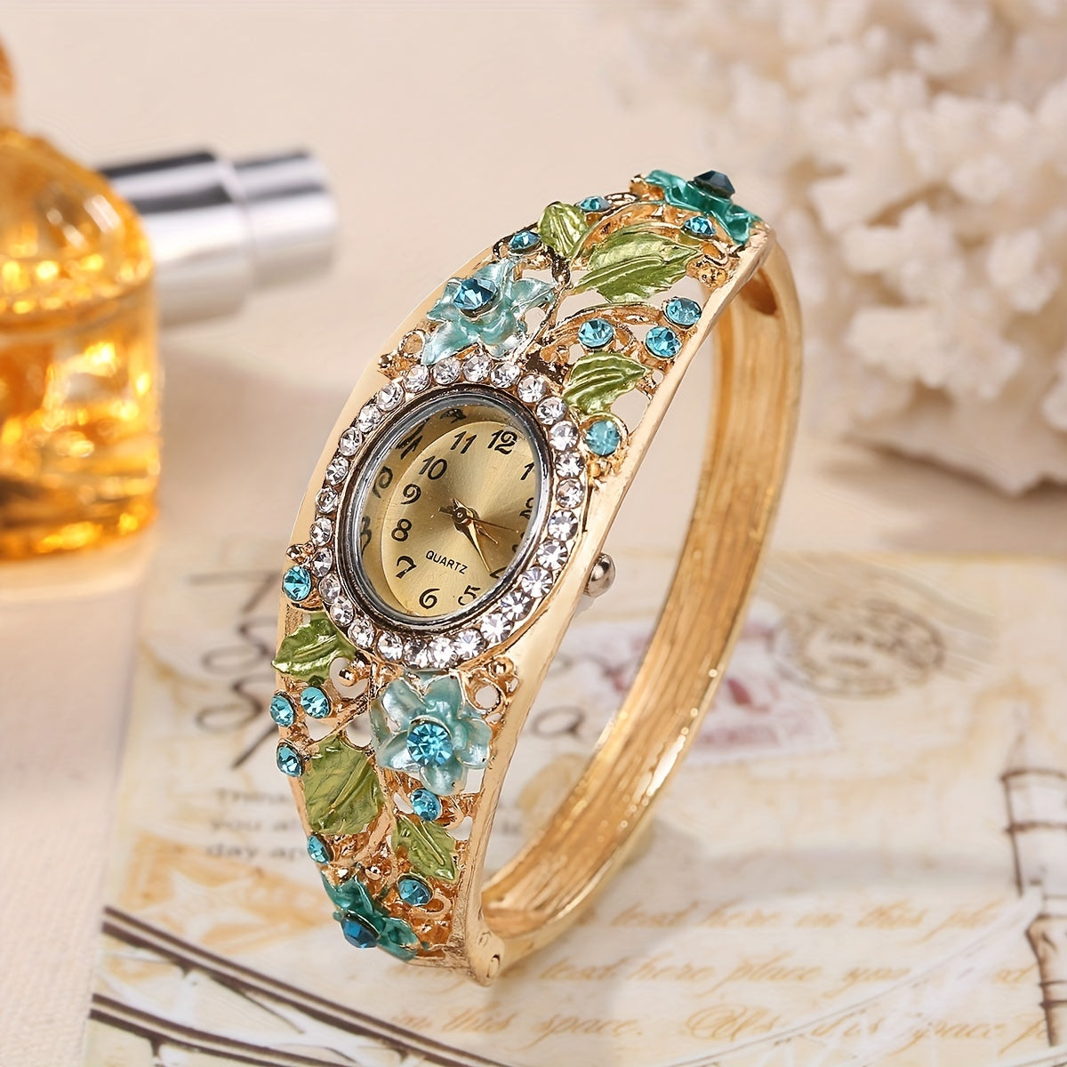Ladies Alloy Bracelet Watch with 3D Flower Oval Design and Peacock Jewelry Set
