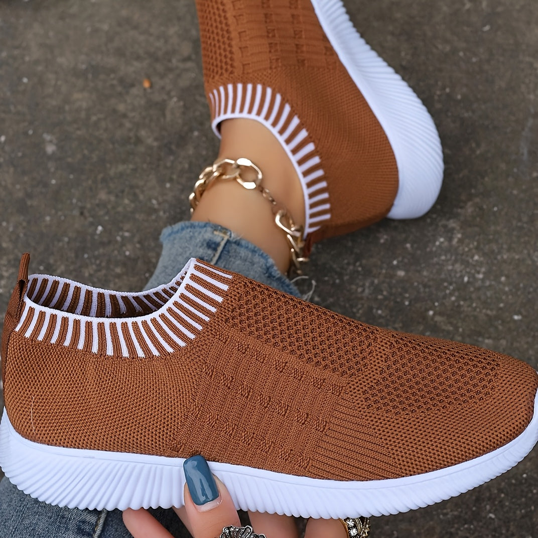 Women's Breathable Knit Flats Casual Mary Jane Shoes with EVA Sole Brown