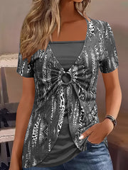 Plus Size Women's Short Sleeve T-Shirt Ethnic Print Faux Two-Piece Bow Ring