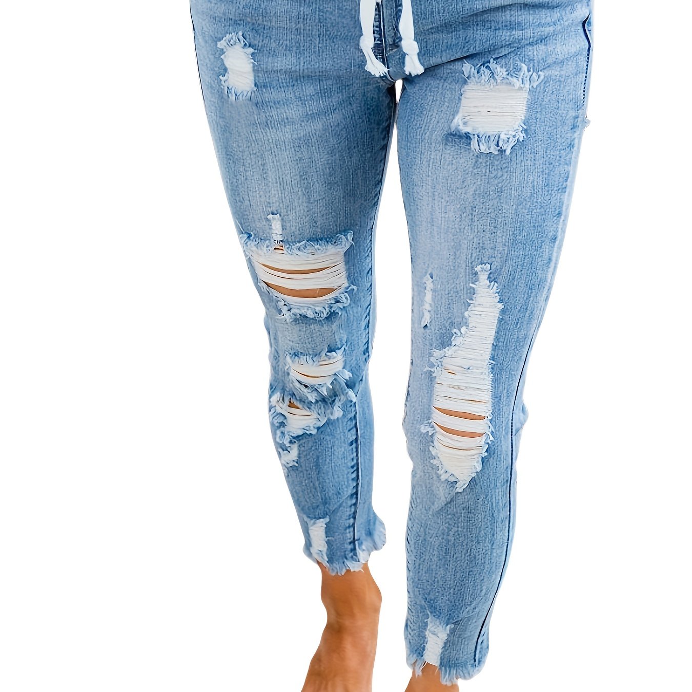 Ayollar uchun qisqa kengaytirilgan stretch denim jinsi, ochiq ko'k, qattiq bo'yinli qirqilgan bo'yoq