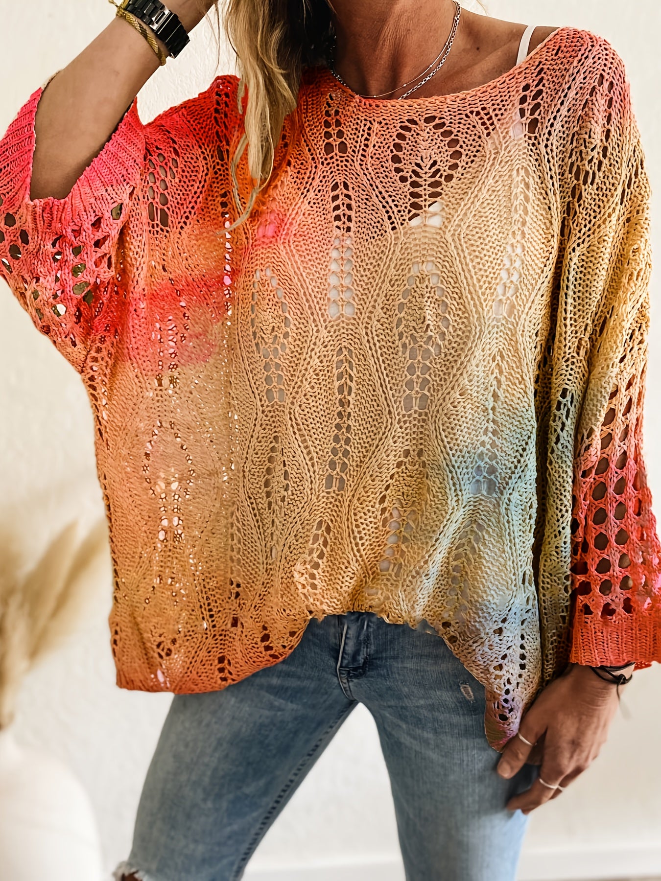 Women's Rhombus Cut-Out Batwing Top Off-Shoulder Gradient Color Long Sleeve Beach Cover-Up