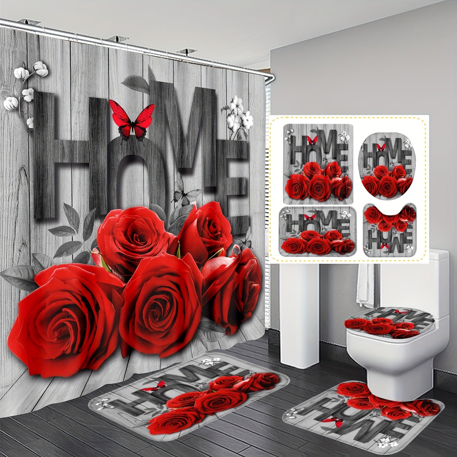 Romantic Rose and Butterfly Polyester Bathroom Set with Shower Curtain Non-Slip Mats Rug and Toilet Lid Cover