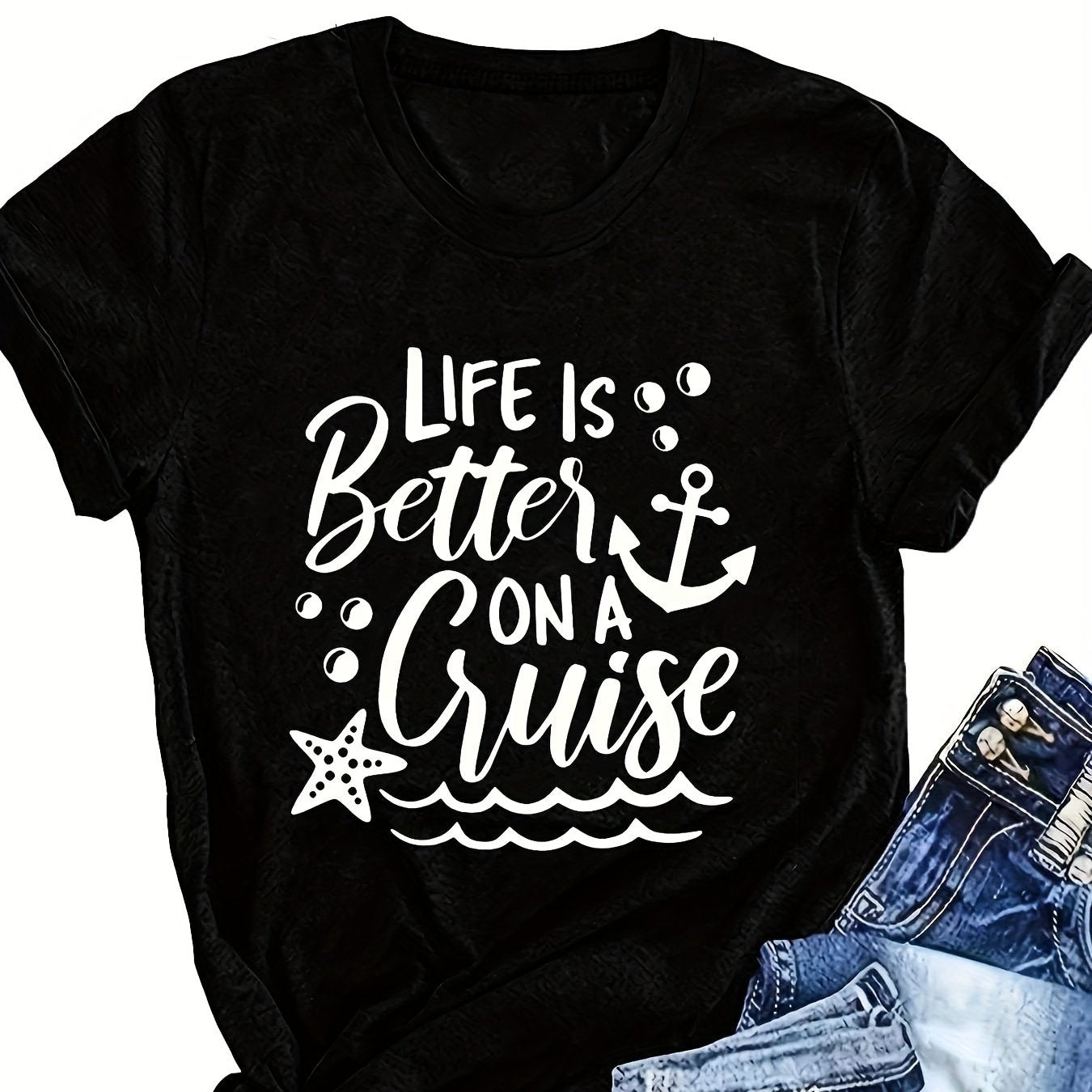 Plus Size Women's Cruise & Anchor Print T-Shirt Short Sleeve Crew Neck