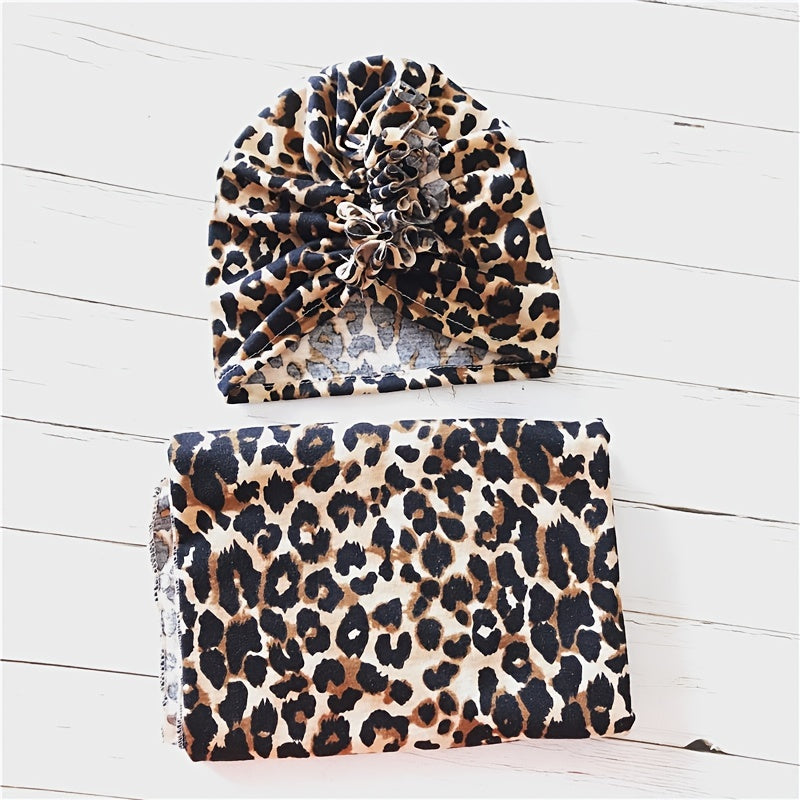 Leopard Print Baby Hat and Bag Towel Set for Infants 0-6 Months