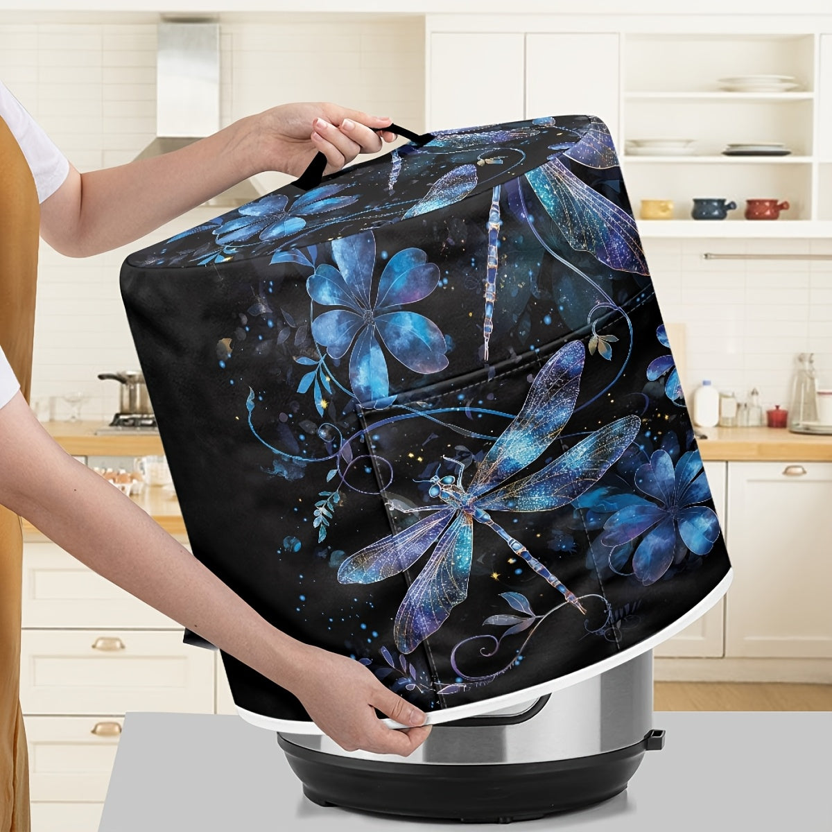 Funda antipolvo con patrón libélula para olla a presión de 8 cuartos, freidora de aire, olla arrocera, azul y oro