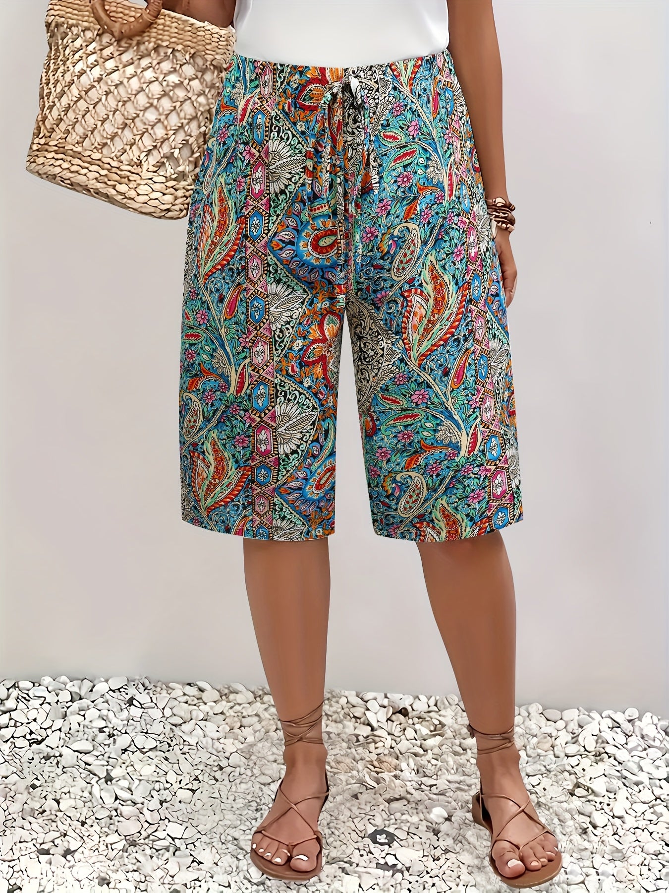 Women's Plus Size V-Neck Printed Casual Shorts Tie Waist Polyester Summer Beachwear