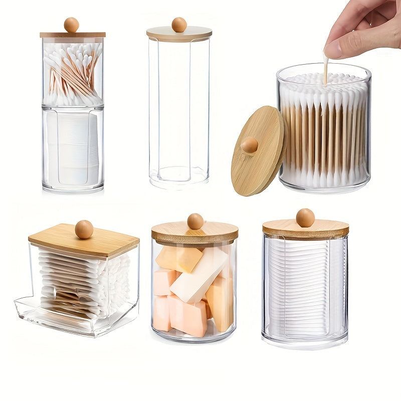 Acrylic Swab Holder with Bamboo Lid for Makeup and Household Organization