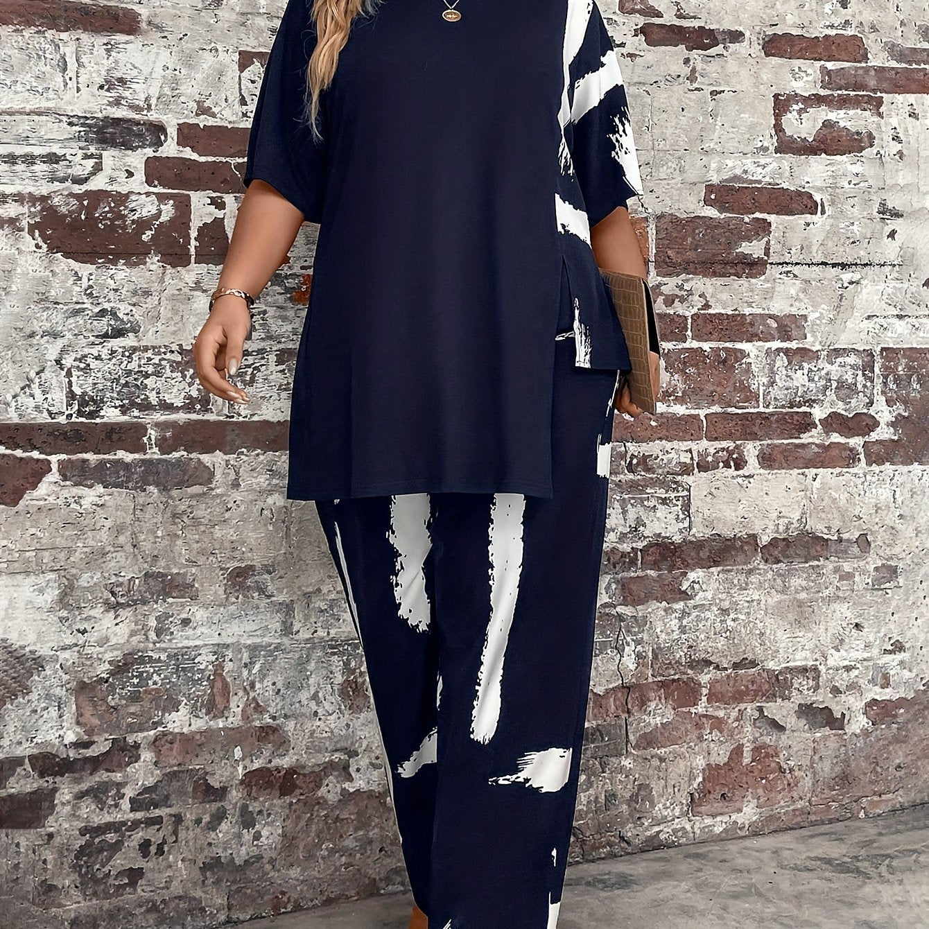 Plus Size Women's Woven Polyester Suit with Random Print and Asymmetrical Details