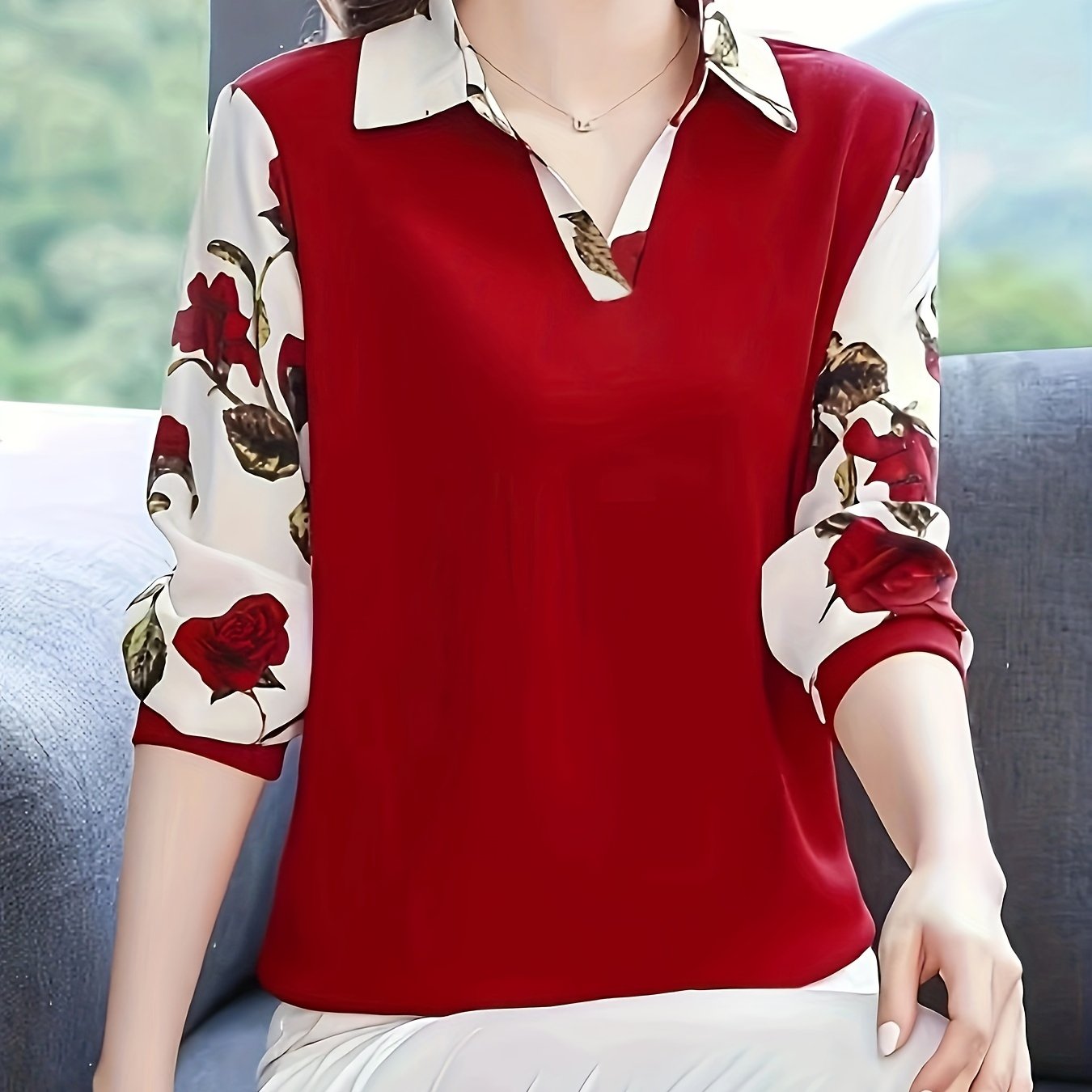 Women's Long Sleeve Floral Polyester Blouse with Lapel Collar for Spring and Autumn Vacations