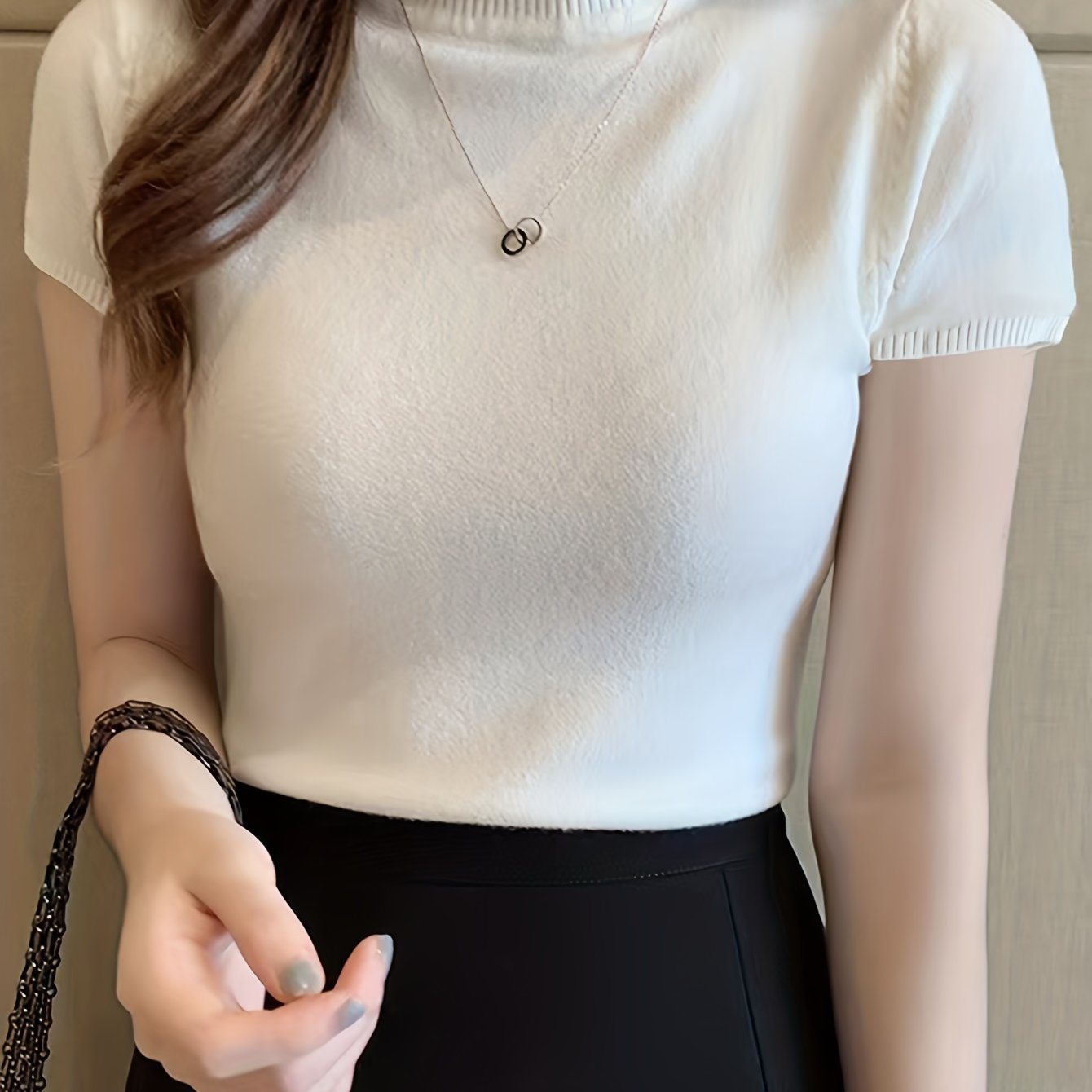 Women's Solid Knit Mock Neck Sweater Short Sleeve Casual Slim Fit All Season