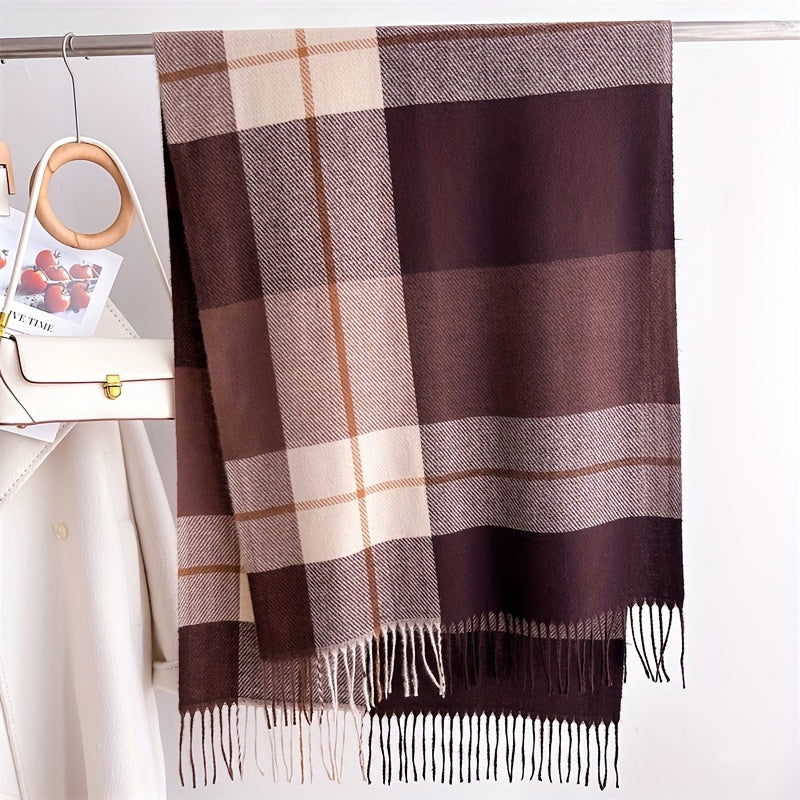 Winter Shawl for Women Faux Cashmere Plaid Tasseled Vintage Style