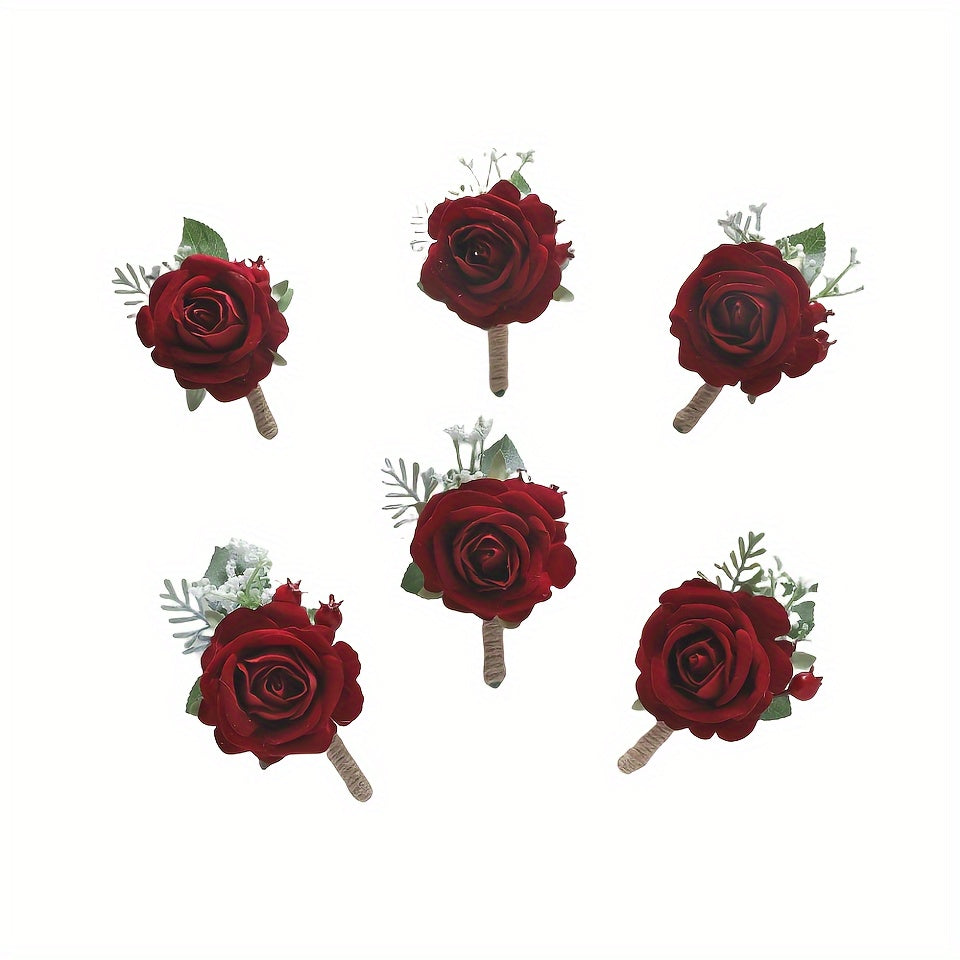 6-Piece Red Artificial Rose Wedding Boutonnieres for Bridal Party Groomsmen Prom Decorations