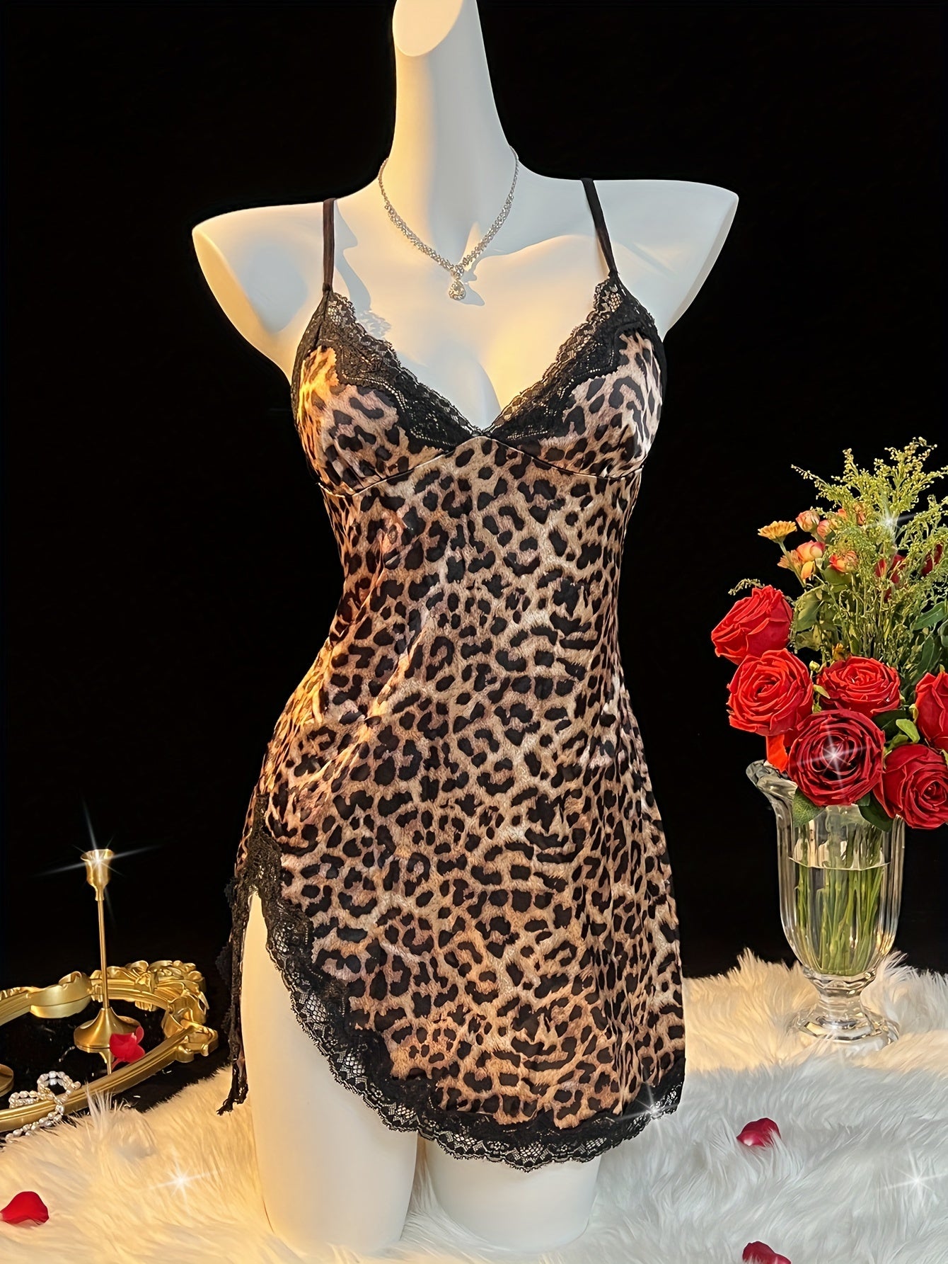 Women's Woven Leopard Print Slip Dress with Cross Strap Lace-Up Detail