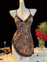 Women's Woven Leopard Print Slip Dress with Cross Strap Lace-Up Detail