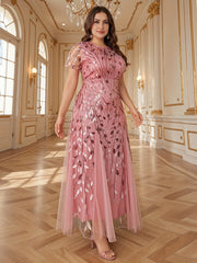 Plus Size Women's Formal Pink Bridesmaid Wedding Prom Gown with Flared Skirt